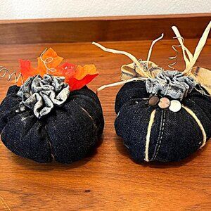 Adorable set of 2 small handmade Fall denim pumpkin decor accents - 3 1/2" round